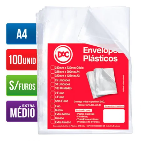 Envelope plástico A4 0.12 s/furos 5177A4 pacote com 100 unidades - Dac