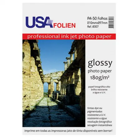 Papel fotográfico glossy paper A4 180g com 50 folhas 8307 - Usa Folien