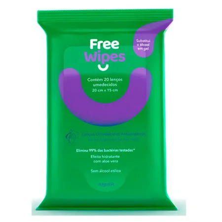 Lenço umedecido antisséptico com 20 unidades Free Wipes - Freeco