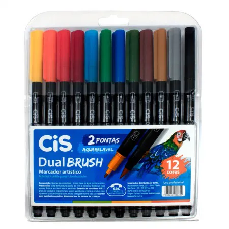 Caneta pincel dual Brush Aquarelável - com 12 cores - Cis