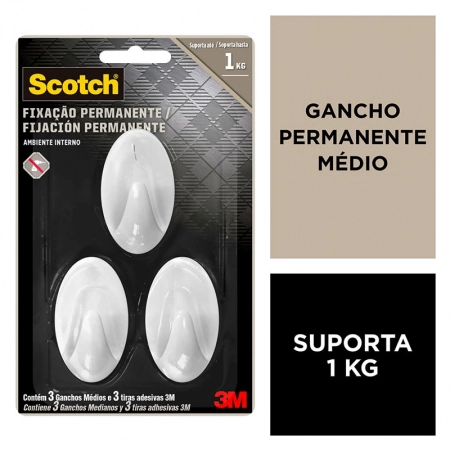Gancho adesivo Scotch branco médio 3 unid HB004684294 - 3M