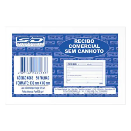 Recibo comercial sem canhoto - com 50 folhas - São Domingos