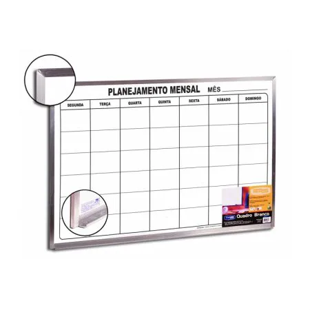 Quadro branco planejamento mensal moldura de alumínio 60x90cm - Cortiarte