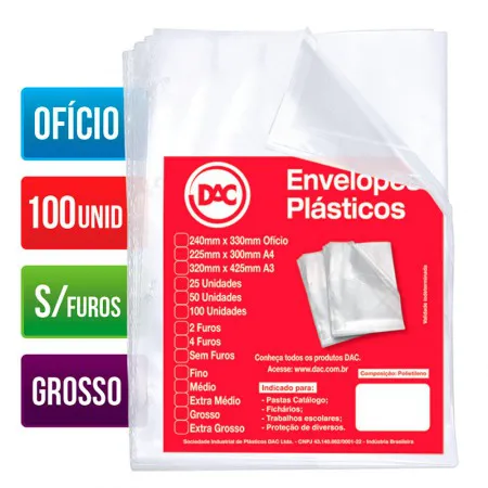 Envelope plástico ofício 0.15 s/furos 5075 pacote com 100 unidades - Dac