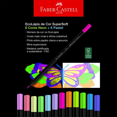 Lápis de cor SuperSoft 12 cores neon + pastel 120712SOFTNP - Faber-Castell